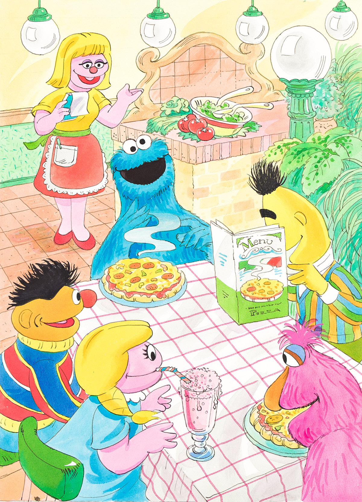 (SESAME STREET) Bert, Ernie, and Cookie Monster at a restaurant with friends.